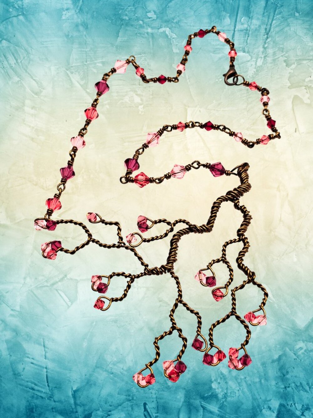 Hand Twisted Copper Tree Necklace Pink Crystal Cherry Blossom Statement Artisan - Picture 4 of 10